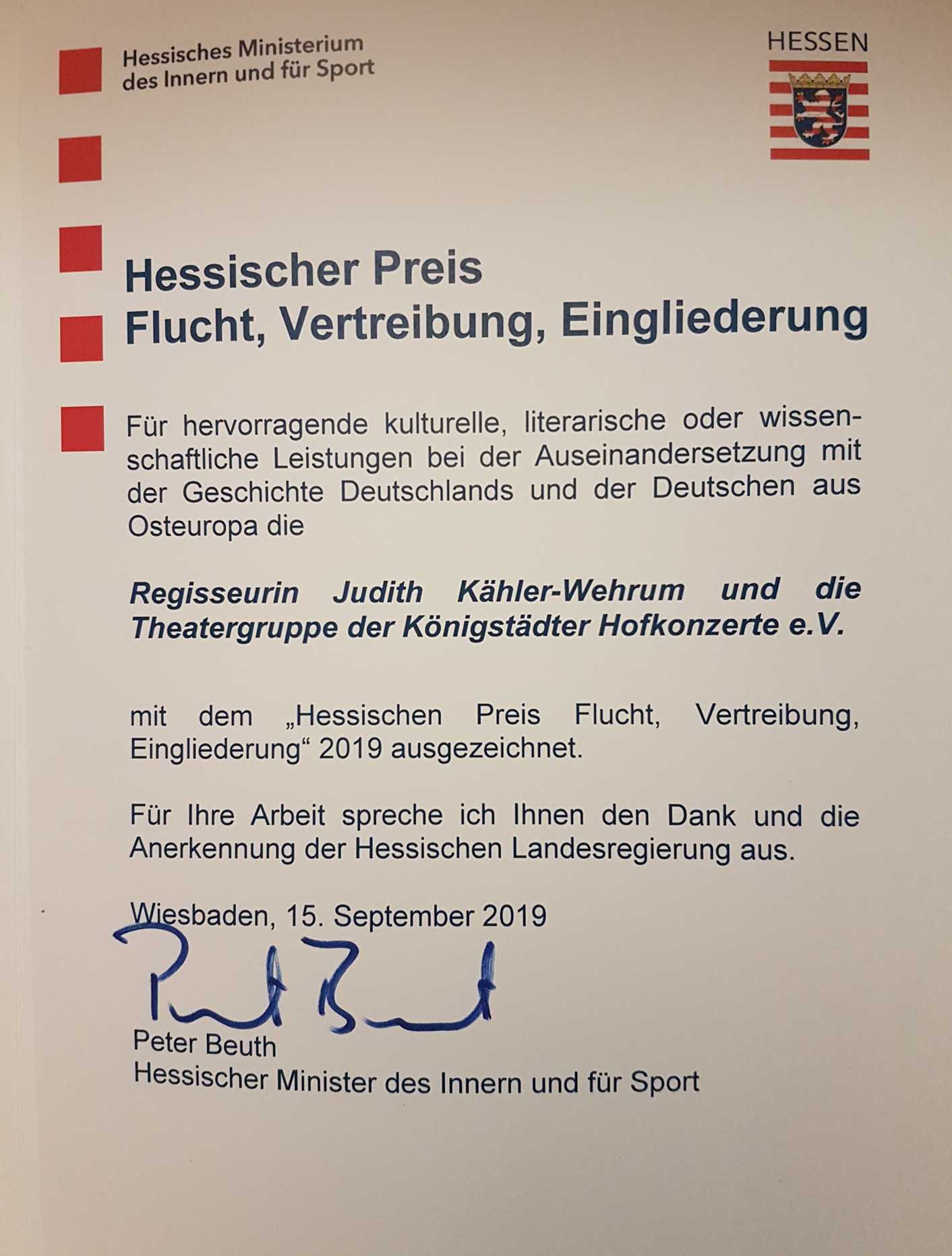 Hessischer Preis 'Flucht, Vertreibung, Eingliederung 2019'